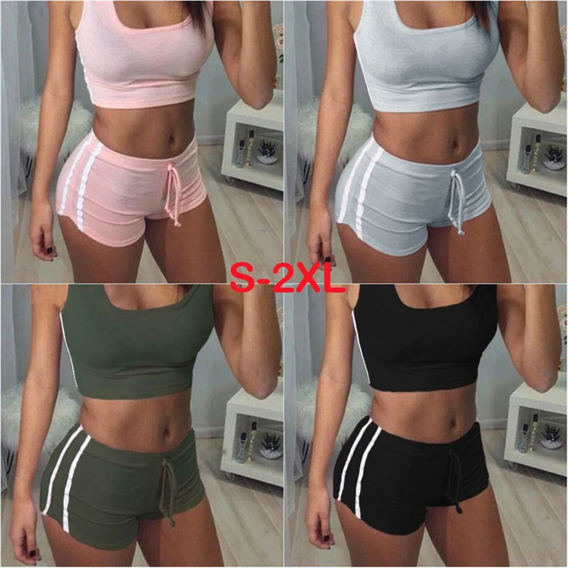 Summer Women Sport Suits Sexy Crop Tops+ Shorts Tracksuits Two Piece Set Gym Running Joggings Yoga Exercise Clothes