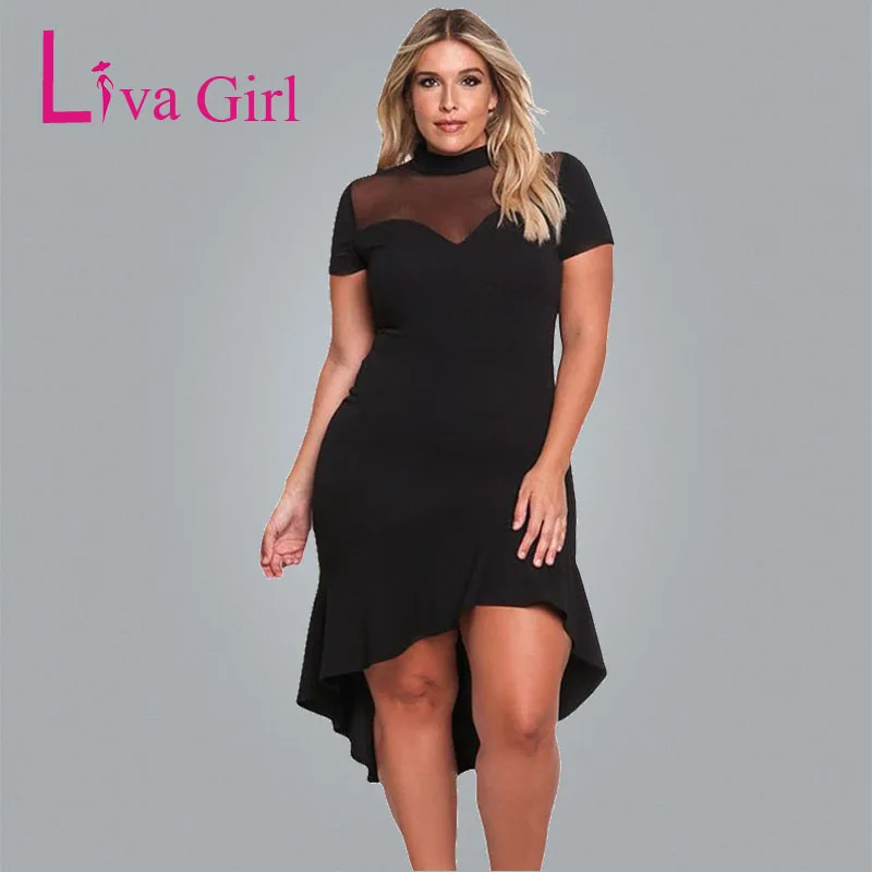 LIVA GIRL, черное, плюс размер, вечерние, миди платье для женщин, рыбий хвост, сетка, короткий рукав, большой размер, платья, оболочка, сексуальное, Vestidos XXXL