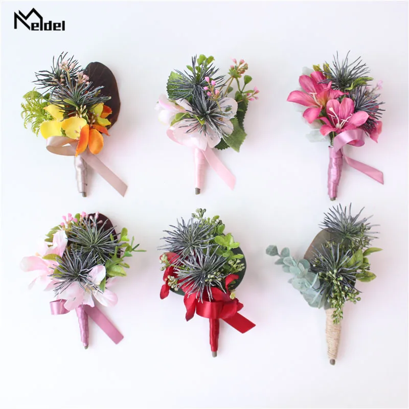 

Meldel Wedding Corsage Groom Boutonniere Bridal Wrist Corsages Bracelet Artificial Orchid Flowers Green Yellow Marriage Supplies