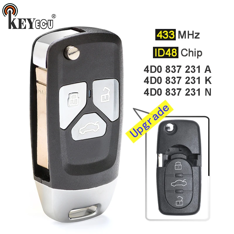 KEYECU 433 МГц ID48 P/N: 4D0 837 231 A/ K/ N обновлен флип ключ 3 кнопки дистанционный брелок от