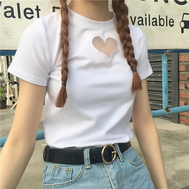 2018 новый летний Harajuku Для женщин сердце полые футболка любовь вышивка хлопок
