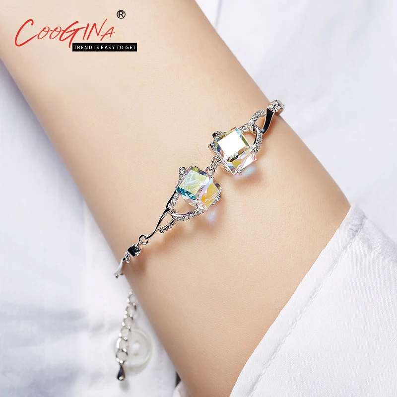 Coogina 2018 New Fashion Square Quality Luxurious Artificial Crystal Rhodium Plating Bracelet Jewelry Girl Gifts | Украшения и
