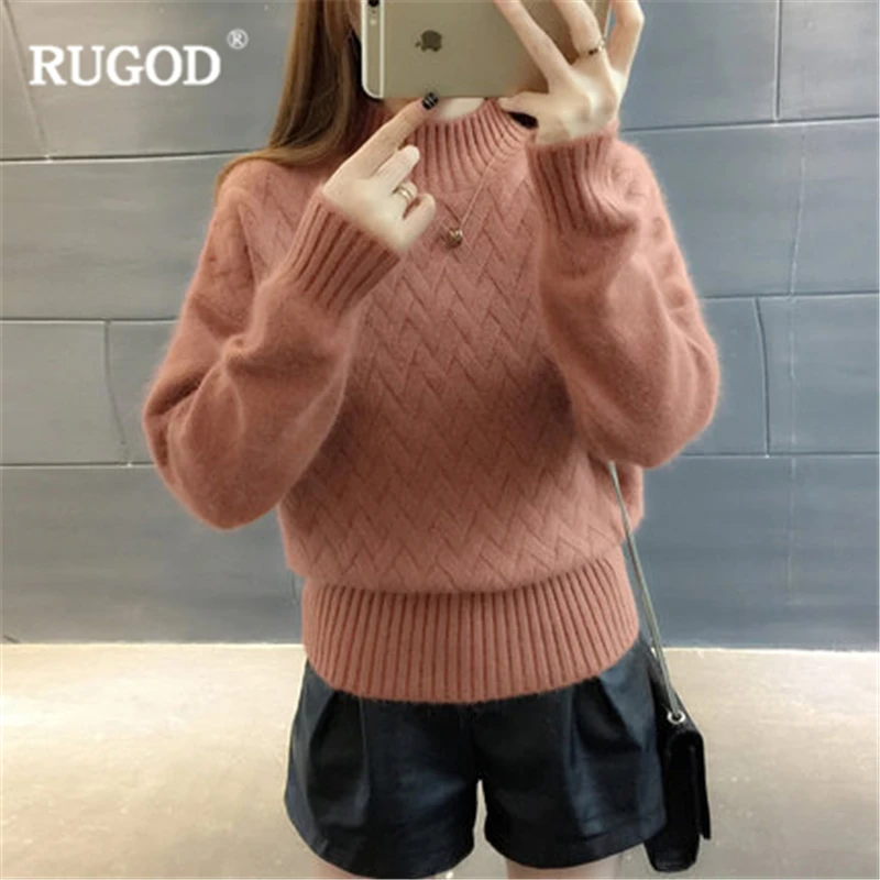 Женский свитер с высоким воротом RUGOD однотонный вязаный на осень и зиму 2019 |