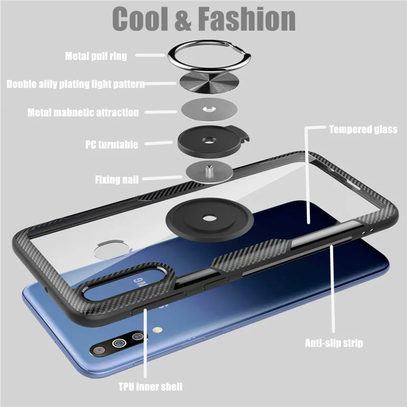 Tempered Glass Case For Samsung A50 A10 A20 A30 A40 S M10 M20 M30 Note 10 Pro A70 Finger Ring Transparent Shockproof Cover | Мобильные
