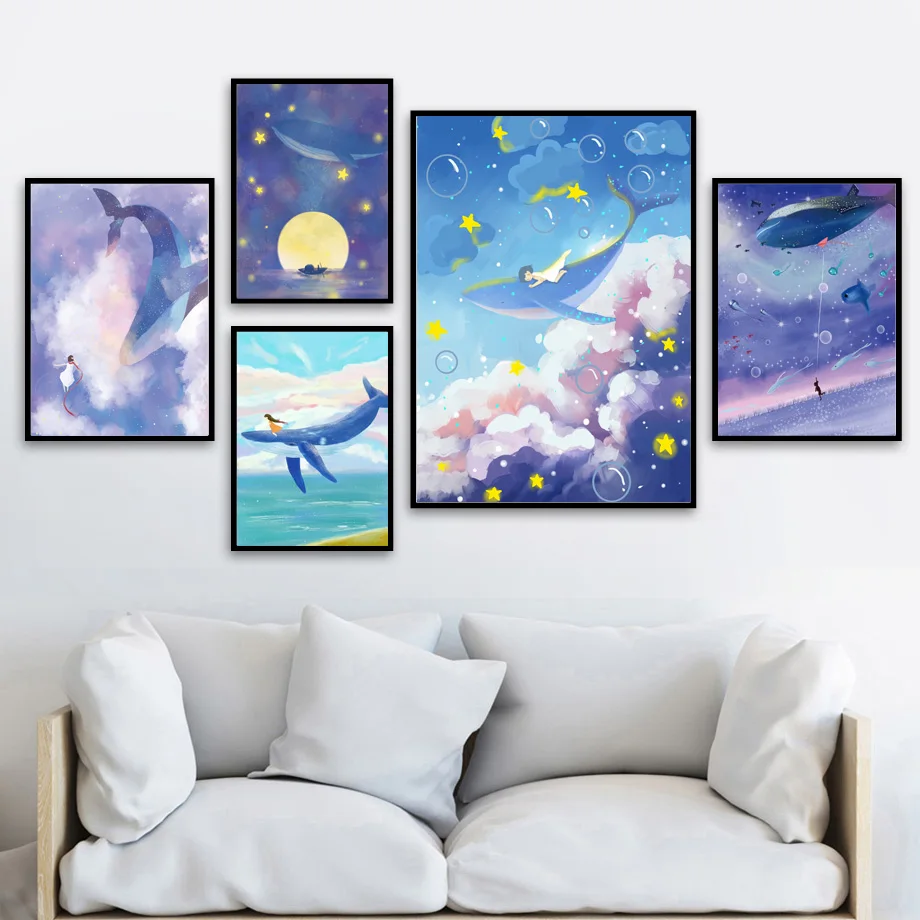 Абстрактный КИТ Маяк Луна океан настенная живопись на холсте скандинавские
