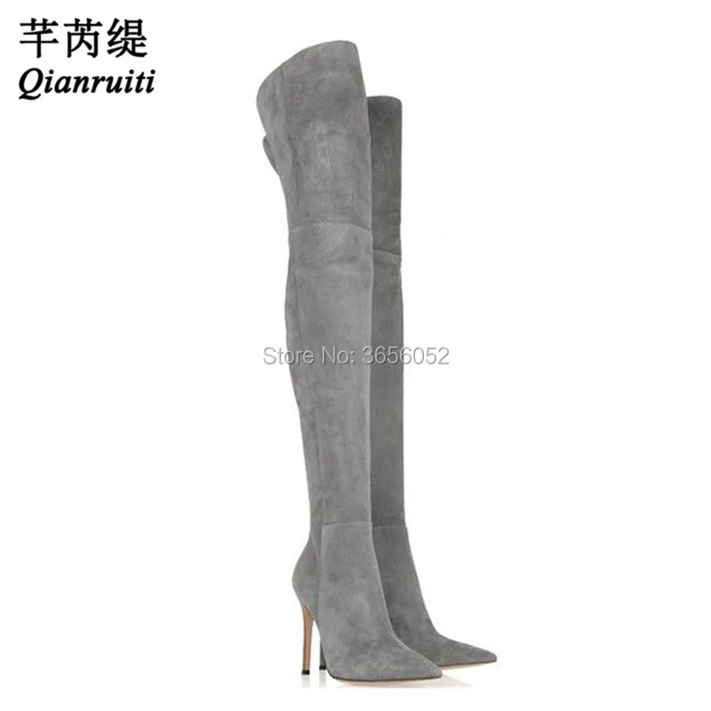 Фото Qianruiti/Botines Mujer; цвет черный, серый, абрикосовый; пикантные женские туфли из искусственной замши на шпильке; очень длинные ботинки; высокие сап... №1