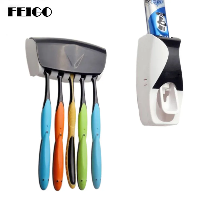 

FEIGO Fashion Home Automatic Toothpaste Dispenser Toothbrush Holder Bathroom Wall Mount Rack Bath set Toothpaste Squeezers F133