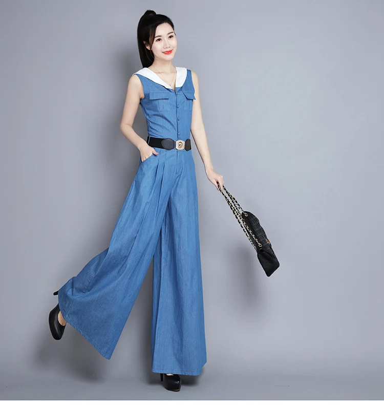 

High quality hot ladies trousers sleeveless jeans jumpsuit wide leg pants 2018 spring new casual hooded vest jumpsuit
