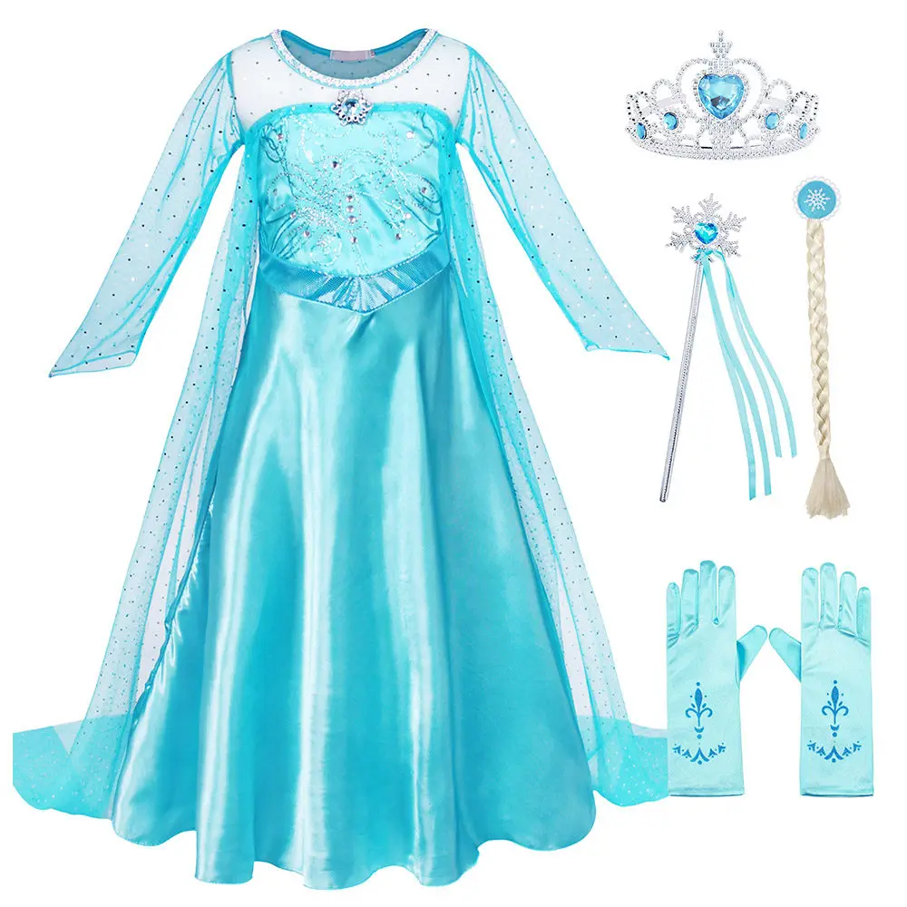 With Accessories AmzBarley/костюм Эльзы для девочек; шелковое кружевное платье Снежной королевы с длинными рукавами; вечерние костюмы для костюмированной вечеринки на Хэллоуин; комплект одежды для дня рождения - Цвет: With Accessories