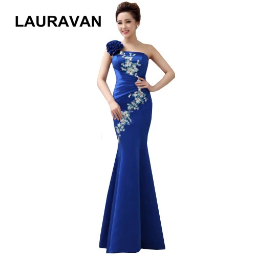 

Женское длинное атласное платье-русалка, Элегантное Длинное платье синего цвета с одним открытым плечом, вечернее платье для подружки неве...