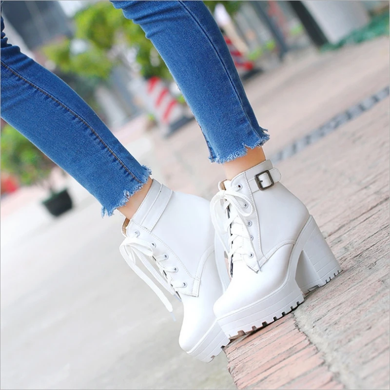 Ankle fashion women high heel boots woman casual shoes lace up white black pink with buckle | Обувь