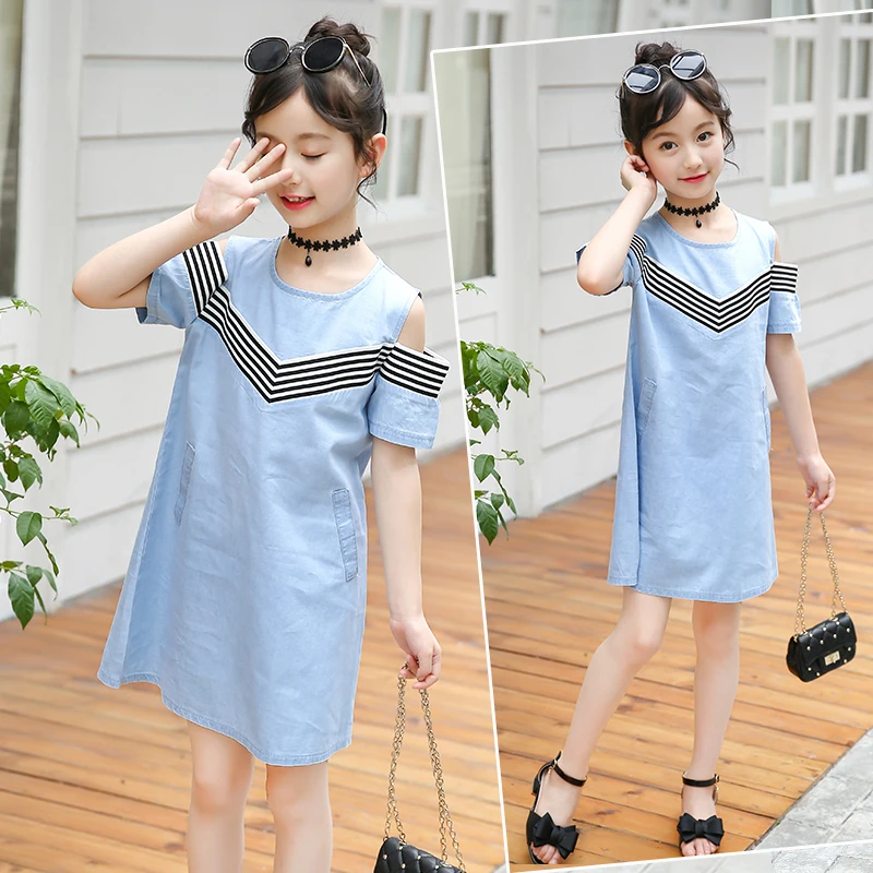 Summer Kids Clothing Baby Girls Denim Dress Casual Off-shoulder Children A-Line Cotton | Детская одежда и обувь