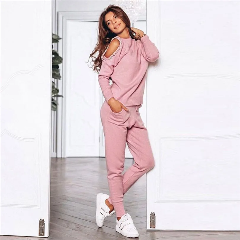 Pink Taotrees, открытые плечи, вышивка бисером, свитер, топы, брючные костюмы, пуловеры с длинными рукавами, трикотажные джемперы, брючный комплект - Цвет: Pink