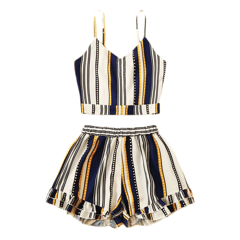 ROMWE Striped Back Tied Knot Cami Top With Wide Leg Shorts Woman Sets Crop Vest And Ruffle Hem Shorts Two-Piece Boho Co-ords