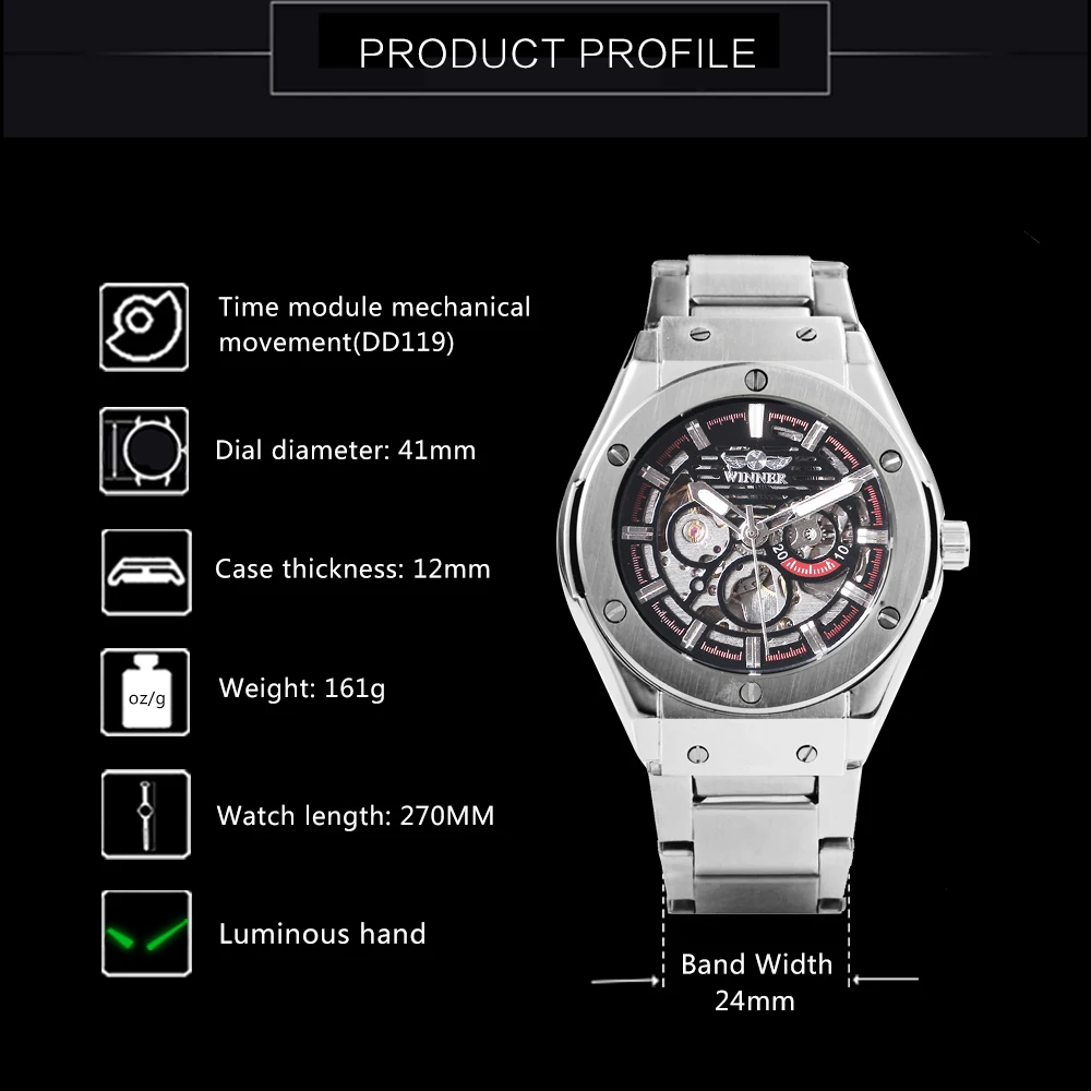 Брендовые Роскошные автоматические мужские часы WINNER механические спортивные с