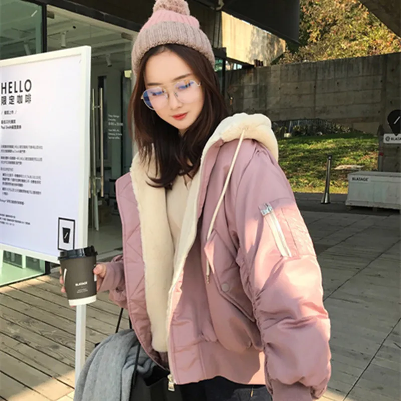2019 New Women's Winter Cotton Jacket Harajuku S Hooded Lamb Wool Pink Zipper Baseball Coat Pockets Chaqueta De Mujer AC121 | Женская