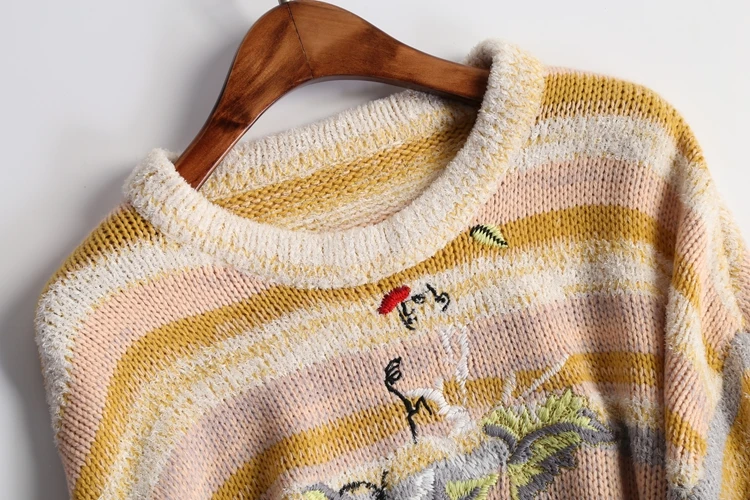 New Woolen Autumn Winter Stripped Sweaters Knitwear Women Luxury Vintage Floral Embroidery Sweater Ladies Knit Tops NS543 | Женская