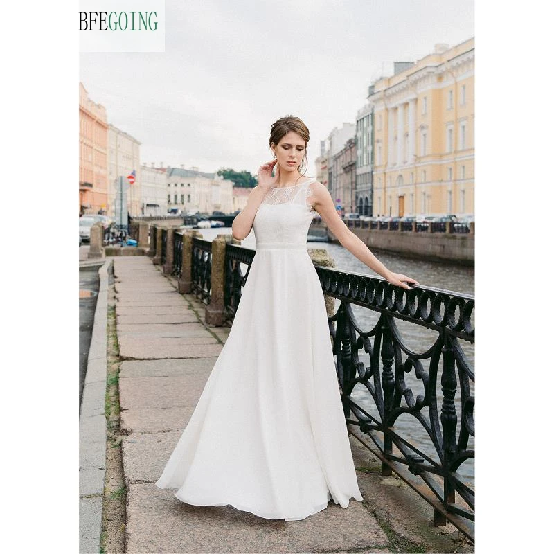 

White Chiffon Appliques Scoop A-line Wedding Dresses Sweep/Brush Train Floor -Length Sleeveless Custom Made