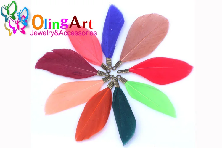 OlingArt, натуральные перья, разноцветные, 35 мм, 10 шт./лот, бронзовые металлические зажимы, сделай сам, ожерелье, серьги, ювелирное изделие, ремни, подвески