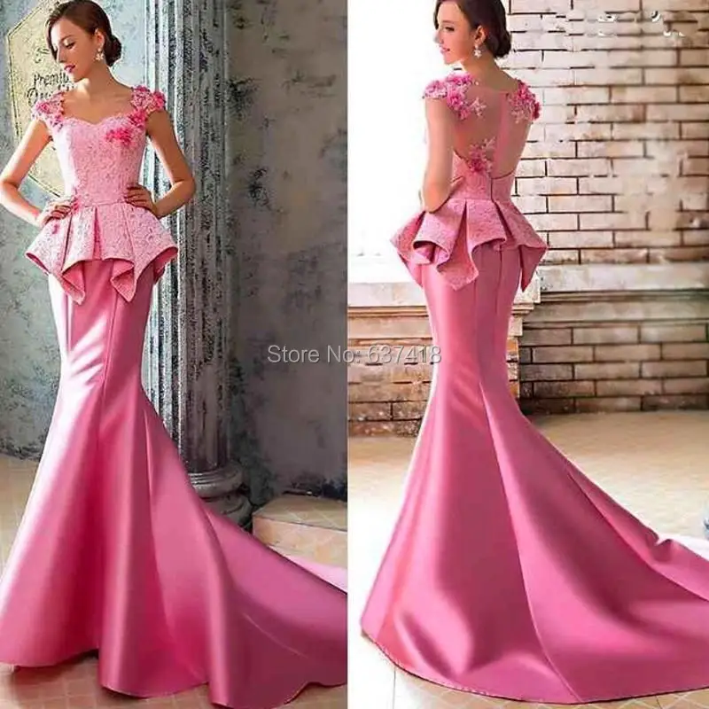 Abendkleider Розовое Кружевное и Атласное длинное вечернее платье с баской