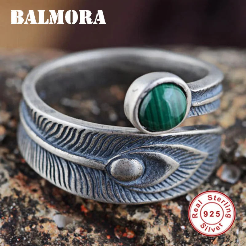 BALMORA Настоящее 925 пробы серебро Ретро малахитовое перо открытый укладки кольца для мужчин и женщин пара панк& Элегантный Мода Bijoux