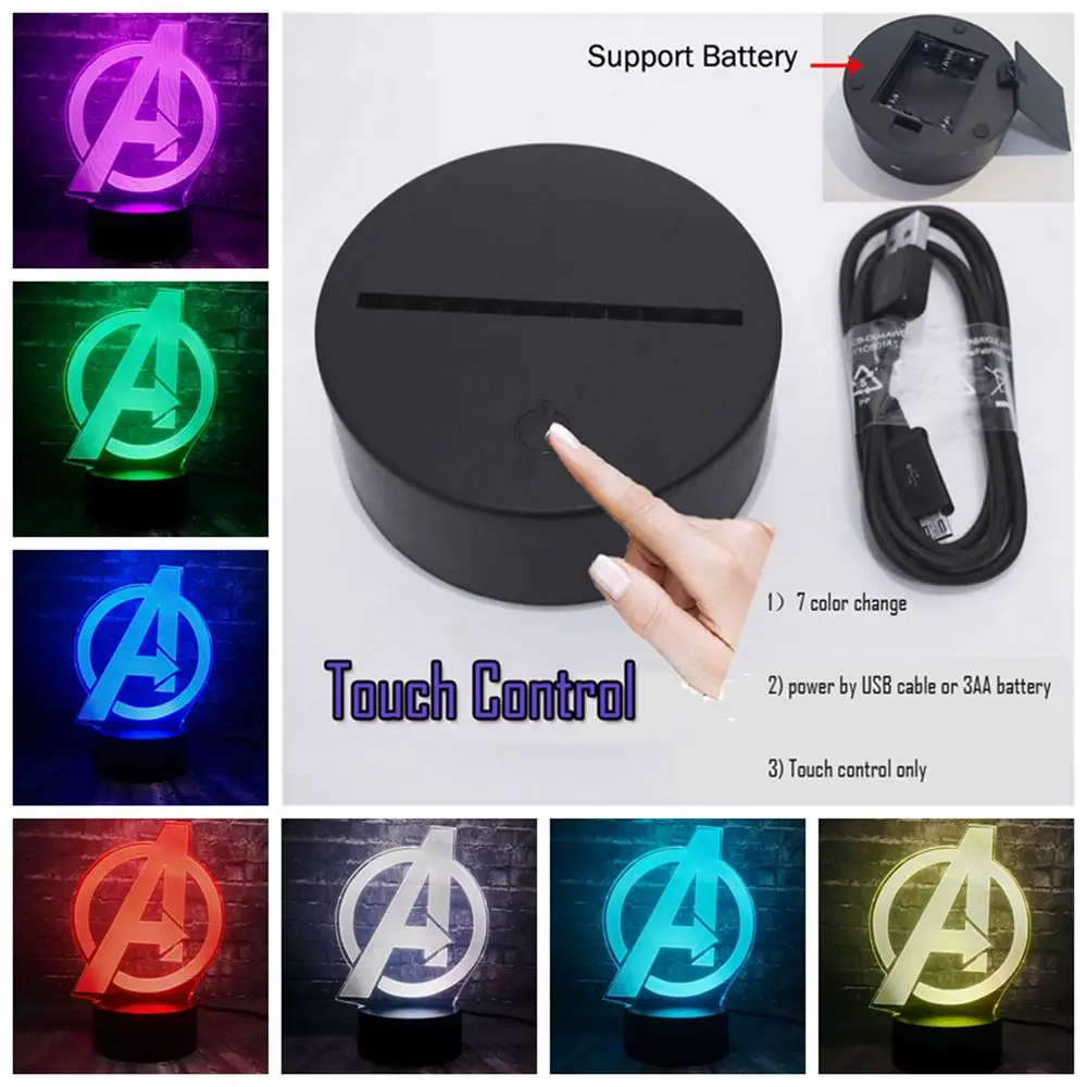 USB Touch 7 Color Креативный Marvel 7 видов цветов USB Батарея заряд энергии супер герой реквизит Капитан Америка щит светодиодный декор комнаты Настроение Ночной светильник детский подарок - Испускаемый цвет: USB Touch 7 Color