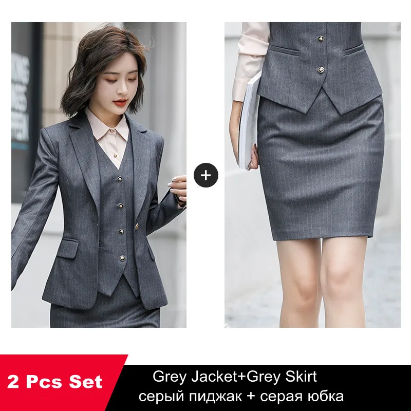 grey skirt suit Женская юбка, костюм с карманами, Элегантный Приталенный Блейзер в полоску+ юбка, 2 предмета, деловой костюм с юбкой, офисная одежда XU973 - Цвет: grey skirt suit