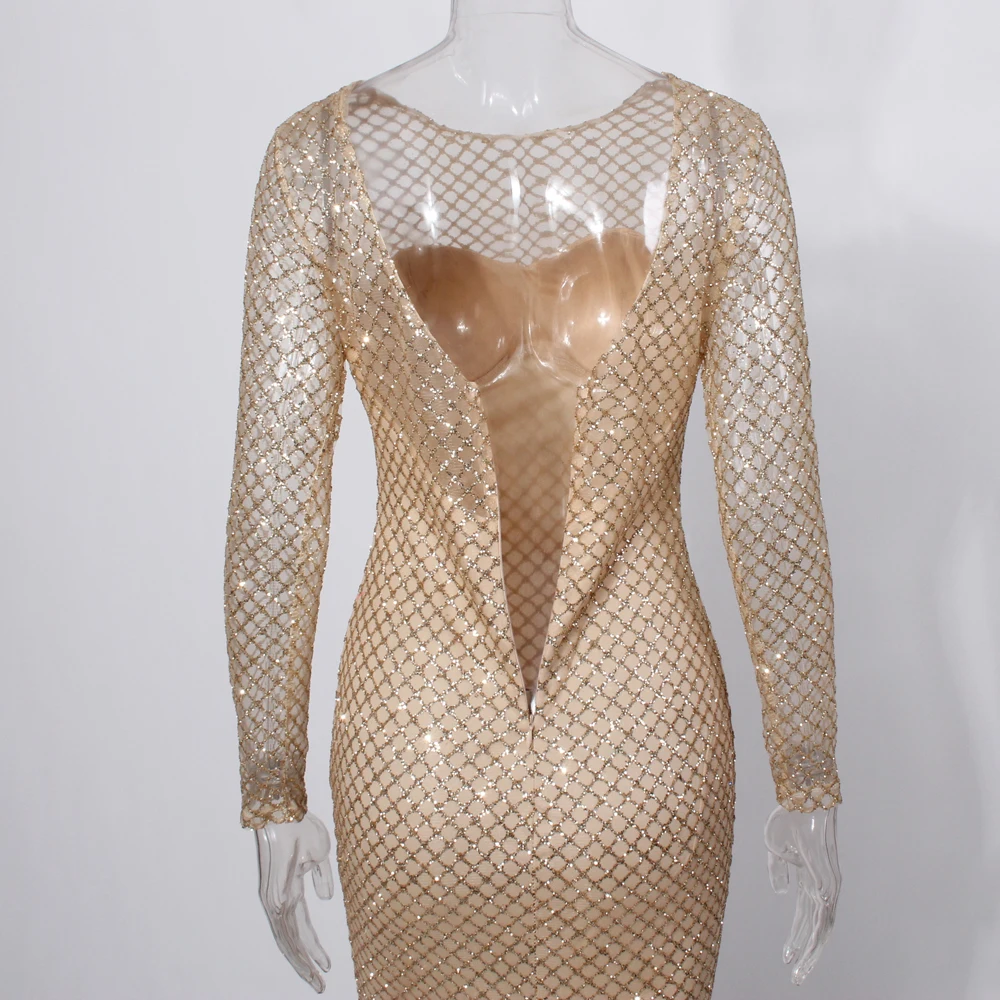 

Full Sleeved Mermaid Dresses Gold Glittered Maxi Dress Hollow Out Backless Glitters Floor Length Evening Party Dresses