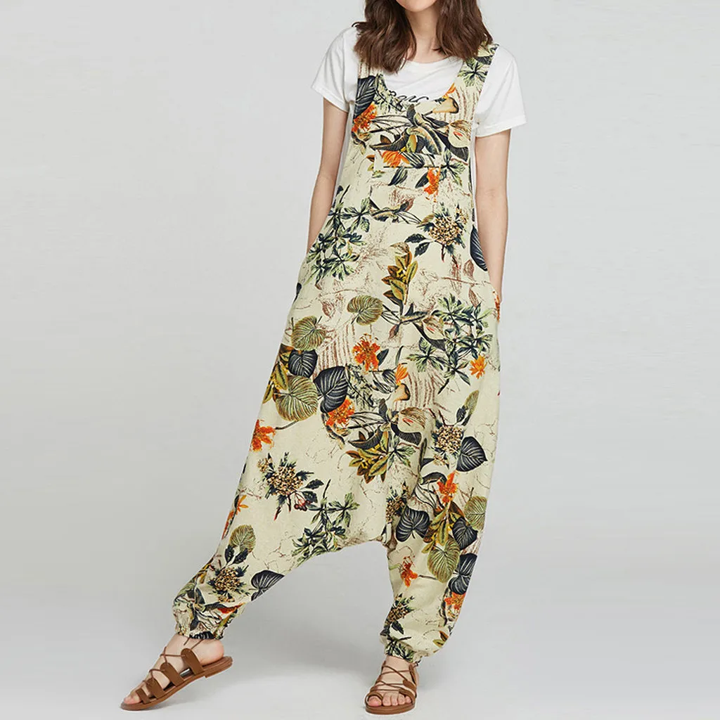 JAYCOSIN Girls Loose Solid Jumpsuit Strap Dungaree Harem Trousers Ladies Overall Pants Printing Art Loose Pants Street Elastic