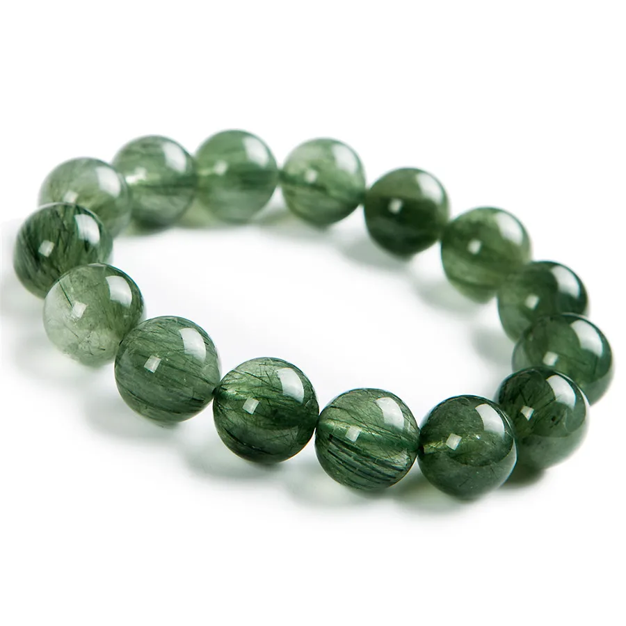 

15mm Brazil Natural Green Hair Rutilated Quartz Crystal Big Round Bead Power Stretch Bracelet
