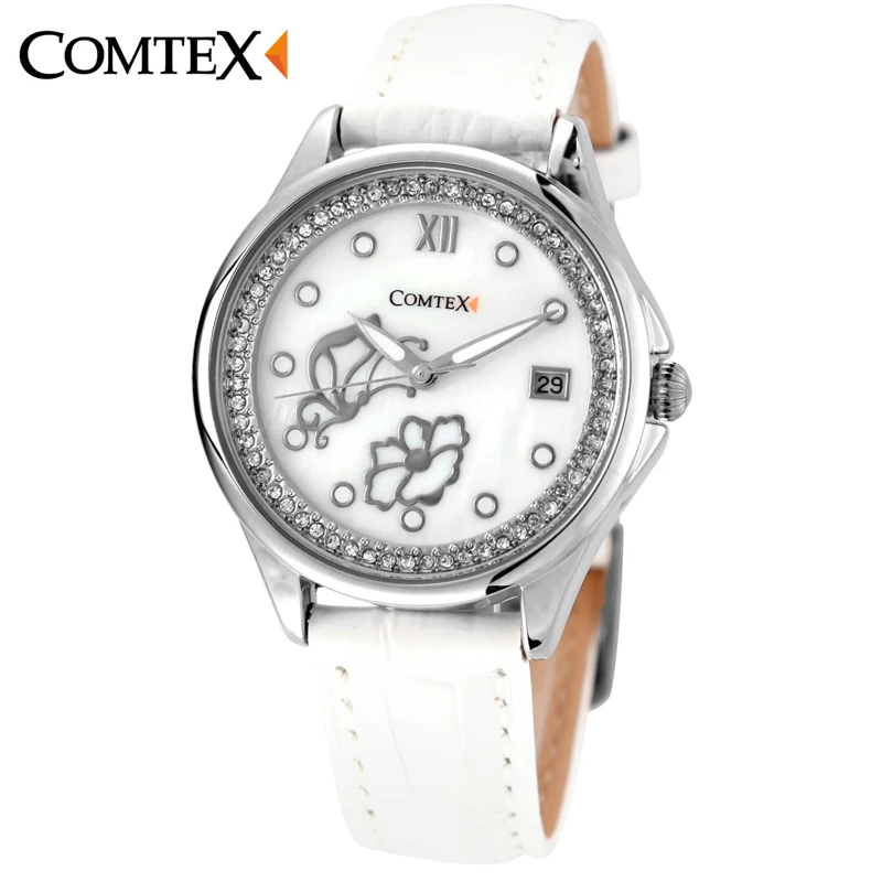 Comtex Для женщин часы с перламутровым циферблатом и белая кожа бабочка модные