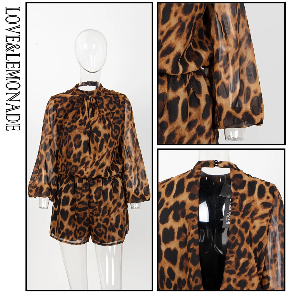 

LOVE&LEMONADE Lantern Sleeve Open Black Leopard Chiffon Playsuit LM81499