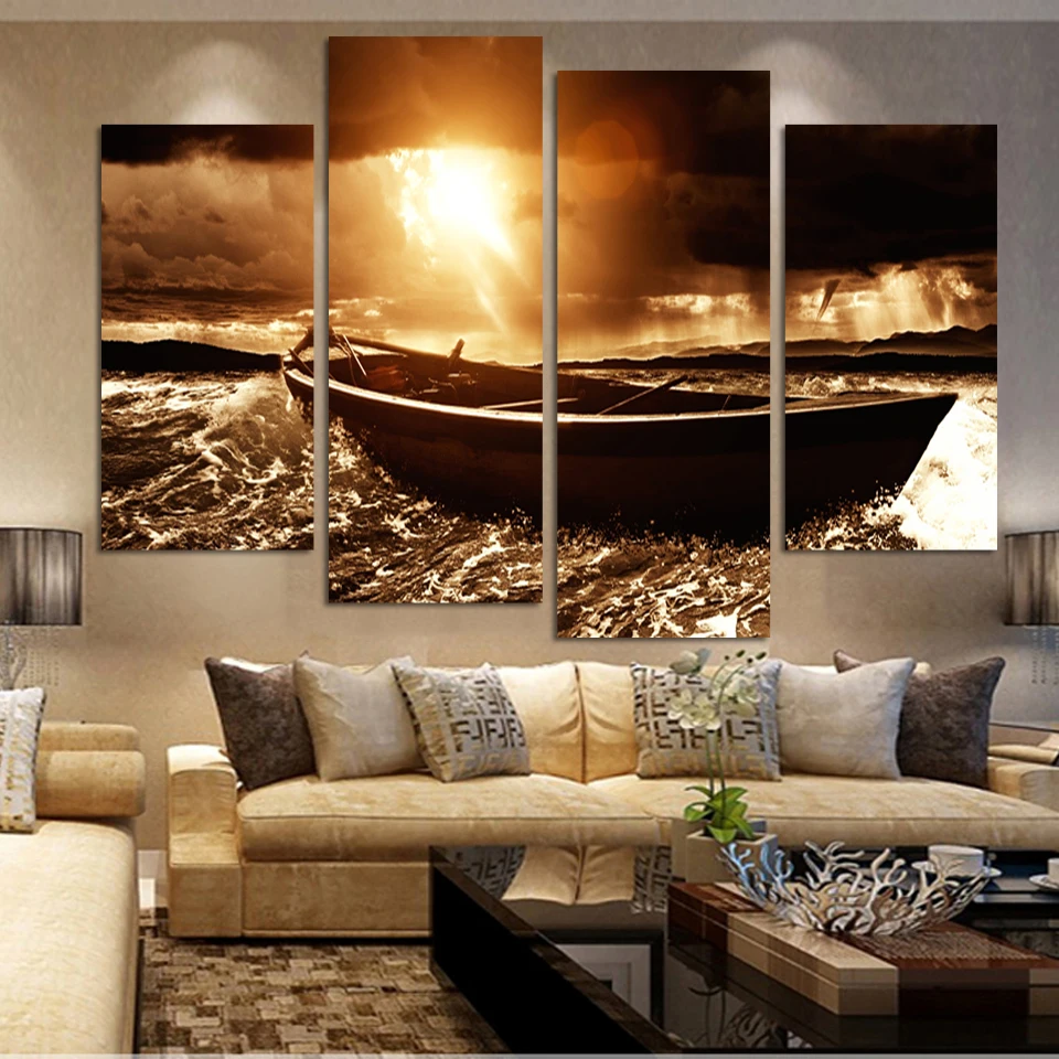 

2016 Real Fallout Oil Painting Wall Decor Canvas Art Print Living Room Boat Beside The Sea Pictures Posters