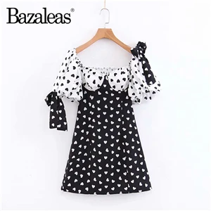 Bazaleas винтажное лоскутное тонкое женское платье с принтом сердца vestidos с открытыми плечами и галстуком женское платье es повседневное Прямая - Цвет: L21 heart