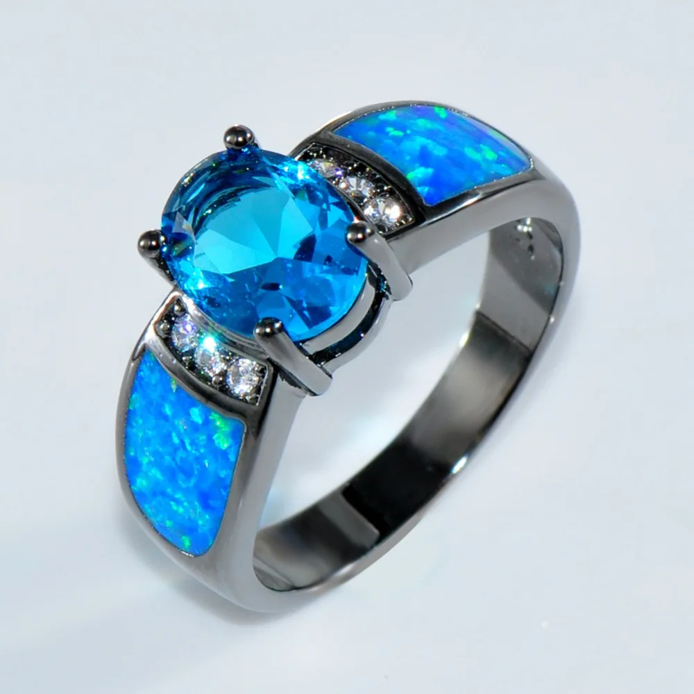 Кольцо обручальное из черного золота с голубым опалом и цирконом|engagement ring|fashion