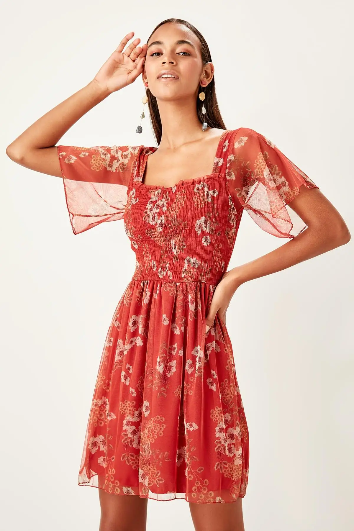 Trendyol бордовое трикотажное платье из тюля TWOSS19OS0130 | Женская одежда
