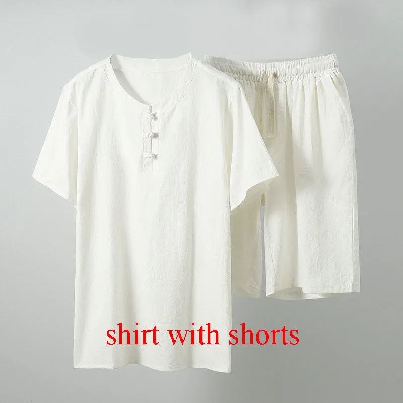 White with shorts MFERLIER Летняя мужская рубашка 5XL 6XL 7XL 8XL 9XL 10XL бюст 157-162 см размера плюс льняная рубашка большого размера с шортами Мужская 5 цветов - Цвет: White with shorts