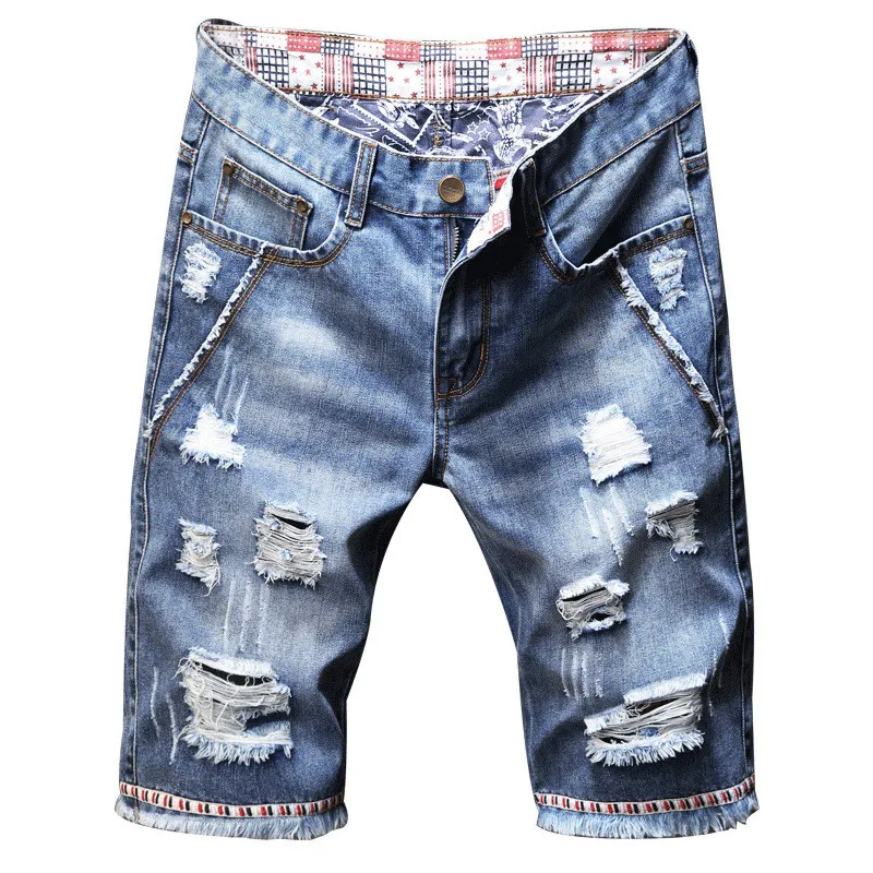 

MORUANCLE Fashion Men's Ripped Jeans Shorts Destroyed Denim Shorts For Male Light Blue Washed Distressed Short Jeans With Holes