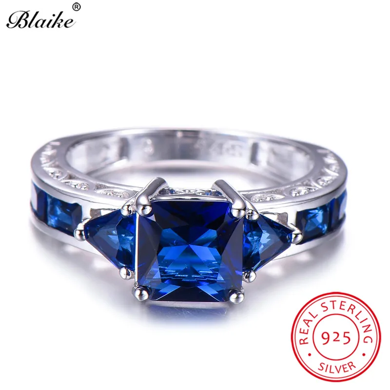 Blaike квадратный сапфировый синий циркон кольца для Для женщин 100% реальные 925 пробы