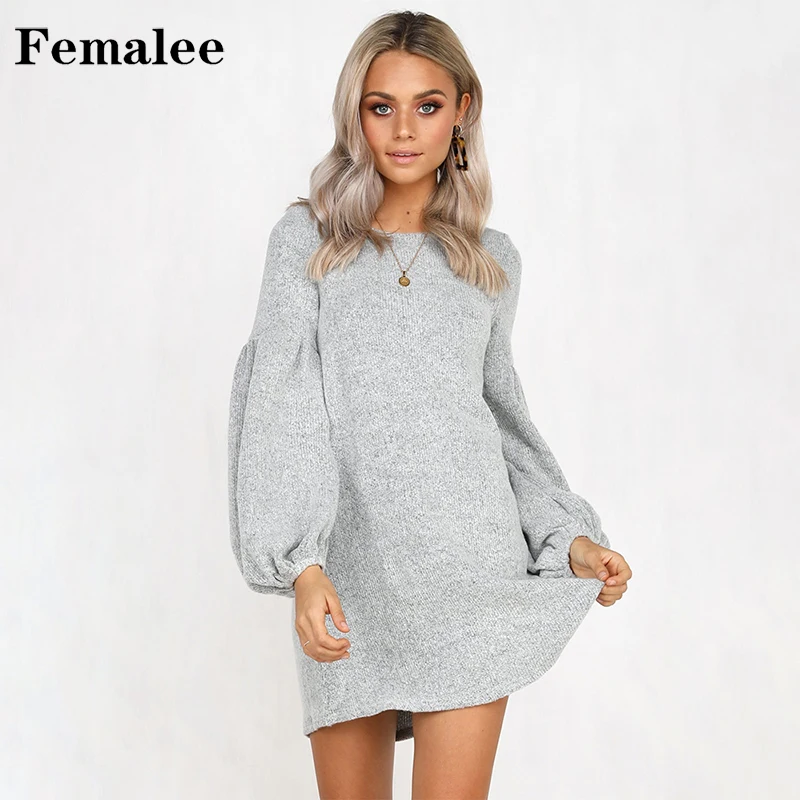 FEMALEE Мода женское платье длинные Фонари рукавом Твердые вечер Повседневное