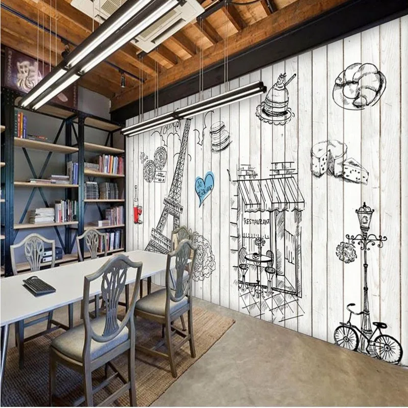 Фотообои ручная роспись деревянная Парижская башня обои хлебобулочные Ресторан