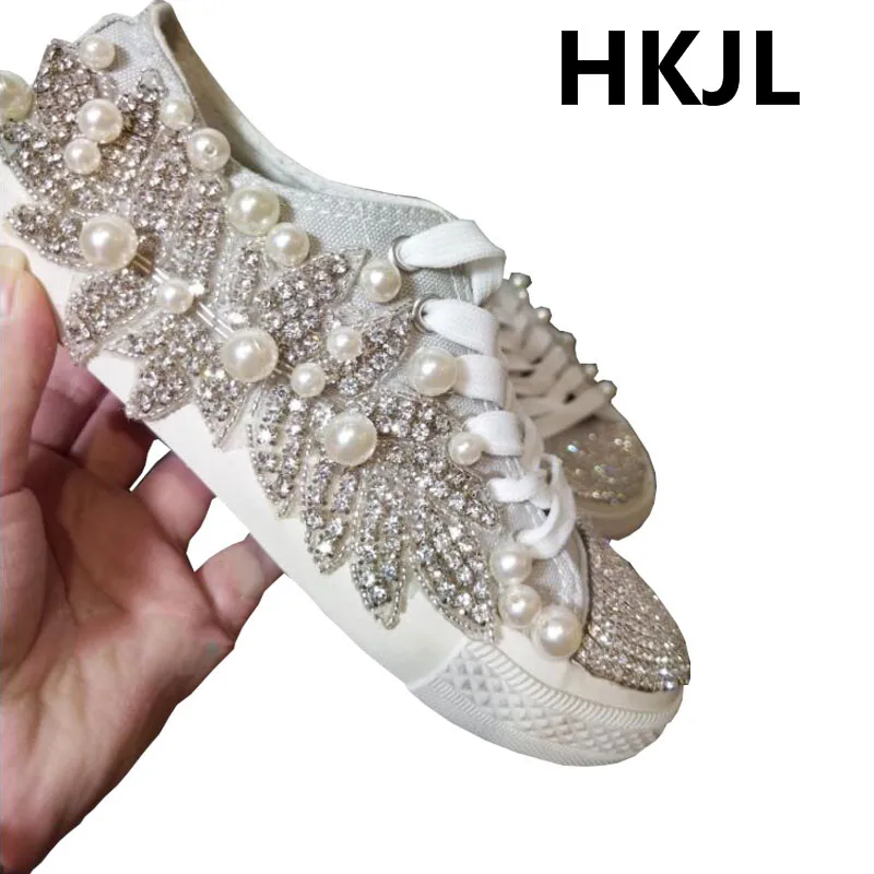 HKJL/Новинка года; ручная работа; инкрустированный стразами; парусиновая обувь на плоской подошве с низким берцем; обувь со стразами и жемчугом