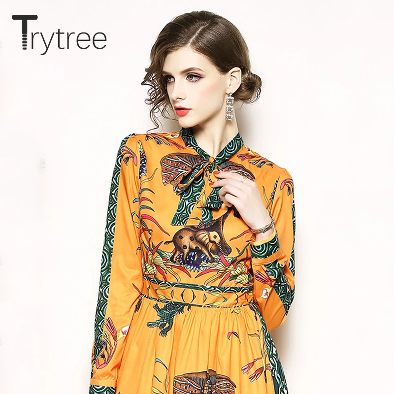 Платье Trytree женское ТРАПЕЦИЕВИДНОЕ с воротником бантом Элегантное повседневное