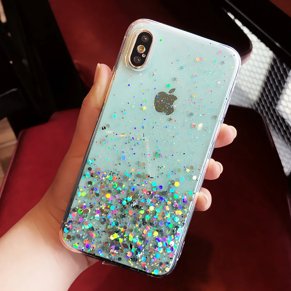 Сияющий Золотой фольга Прозрачный чехол для iPhone X XS XR XS Max 6 S 7 8 плюс Роскошный блеск блесток Мягкий ТПУ задняя крышка Coque