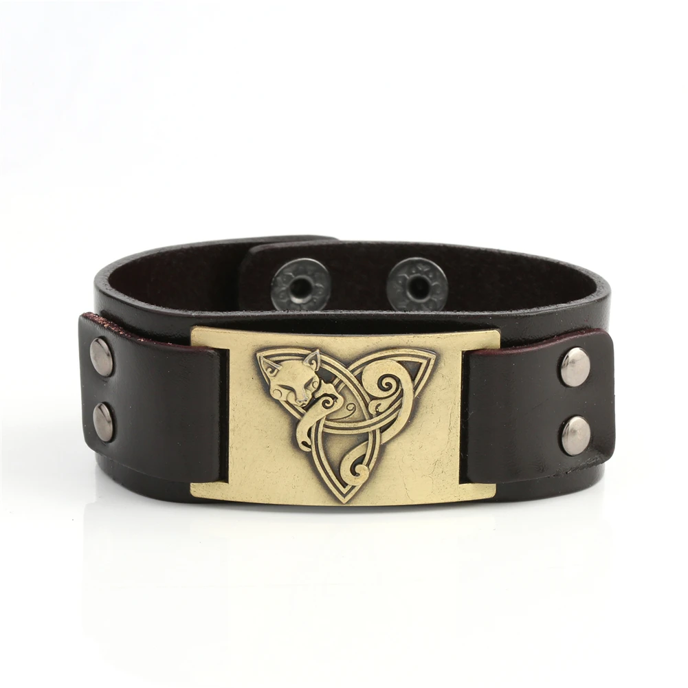LIKGREAT Viking ювелирные изделия кожаный браслет лиса Triquetra Fenrir животное подросток Волк троица вера благословение манжеты браслеты Кнопка - Окраска металла: 1