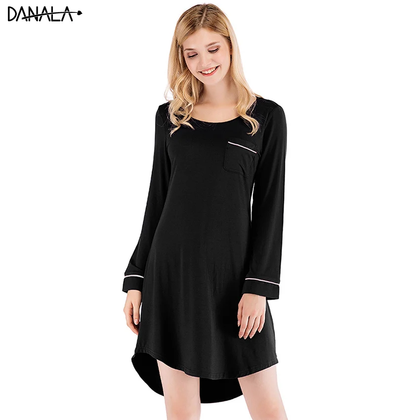 Женское платье для сна DANALA однотонное мини-платье с длинным рукавом и о-вырезом