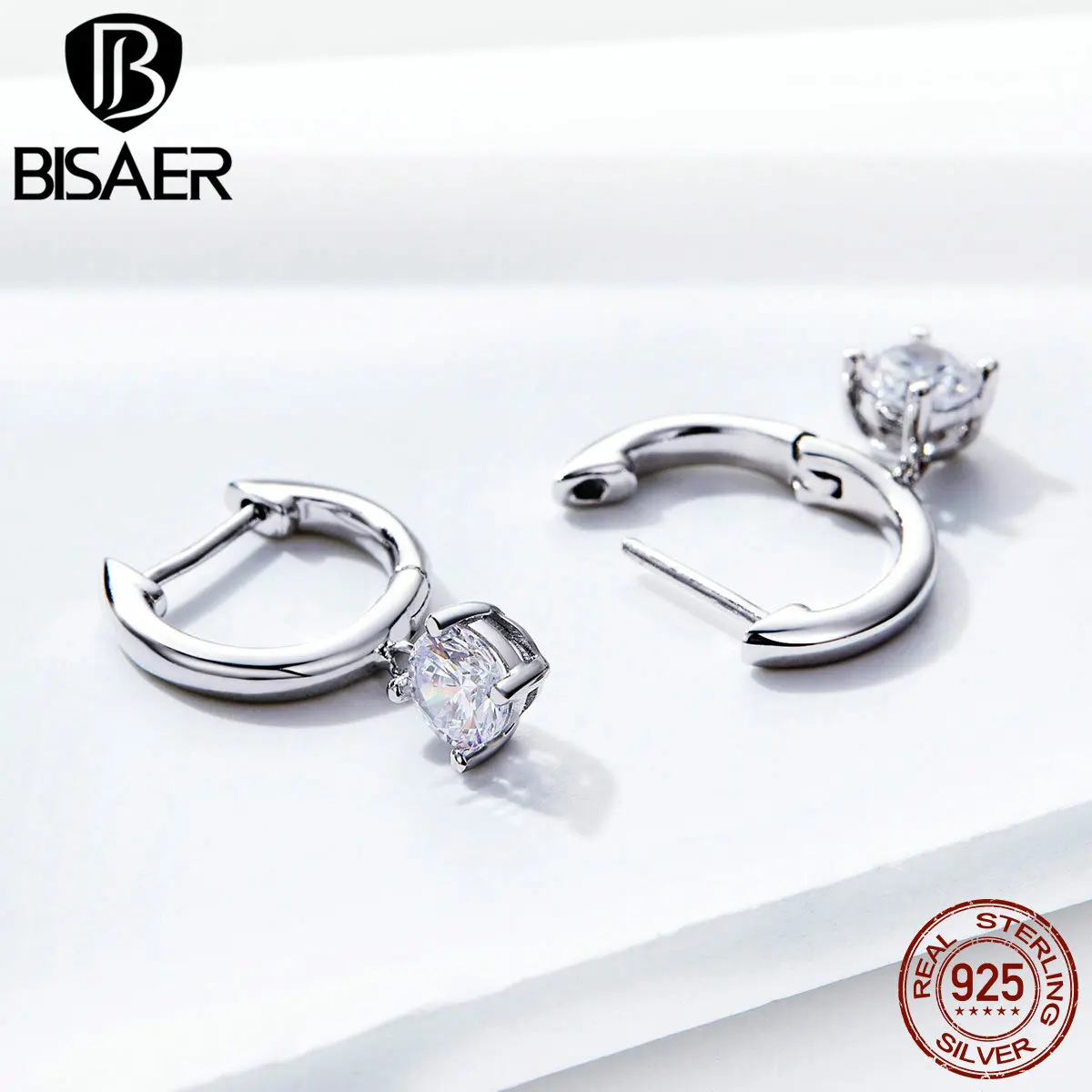 BISAER, подлинные, 925 пробы, серебряные, простые, квадратные, циркон, висячие серьги, для женщин, прозрачный кубический циркон, серьги, ювелирное изделие, ECE553