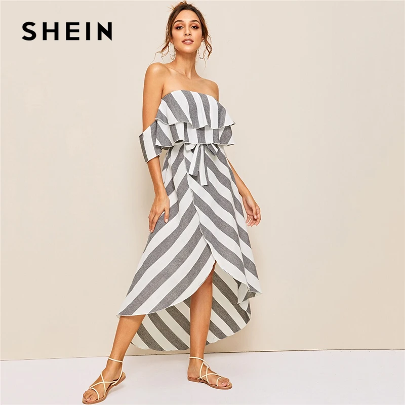 SHEIN, многоцветное длинное платье в полоску с оборкой и тюльпаном, с открытыми плечами, для женщин,, летнее, с высокой талией, Boho wrap Belted, платья