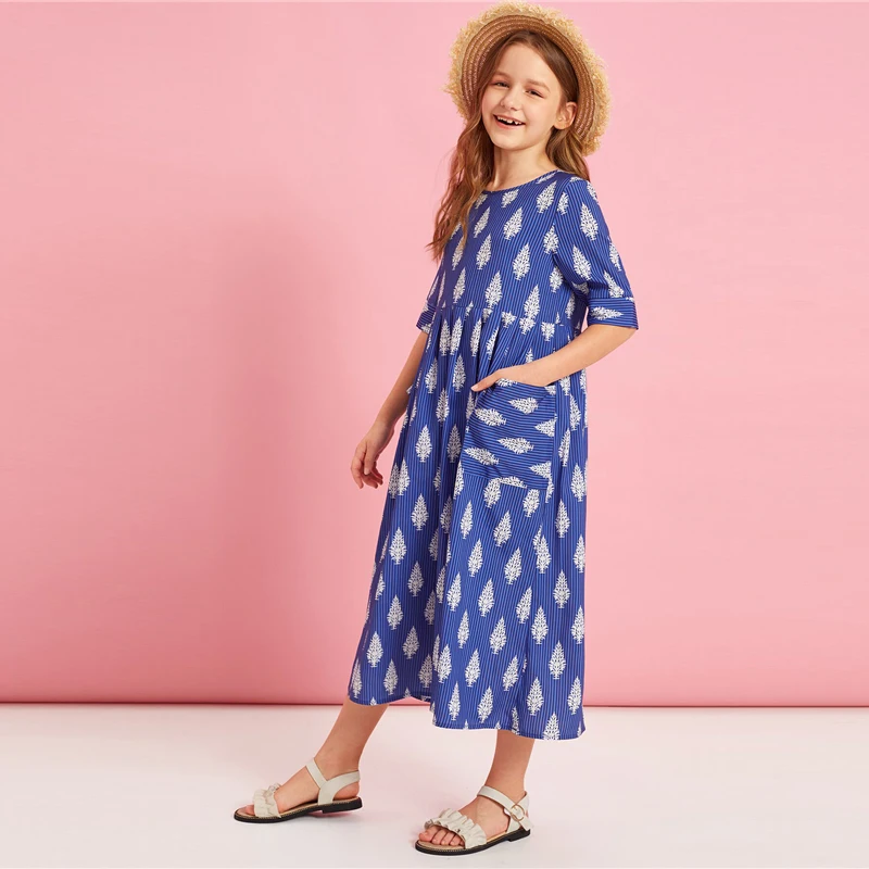 SHEIN Kiddie/синее боховая туника в полоску с карманами спереди и растениями, платье года, летние праздничные длинные платья с короткими рукавами и высокой талией
