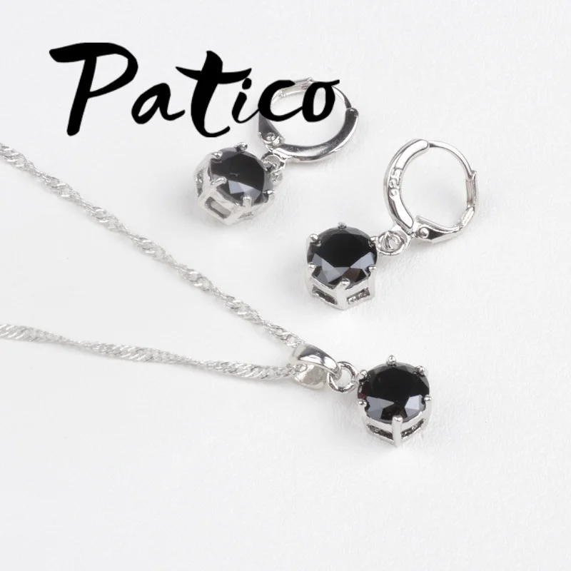 Vintage Simple Style Round Black CZ Crystal Jewelry Sets 925 Sterling Silver Earrings Pendant Necklace for Women Wedding | Украшения и